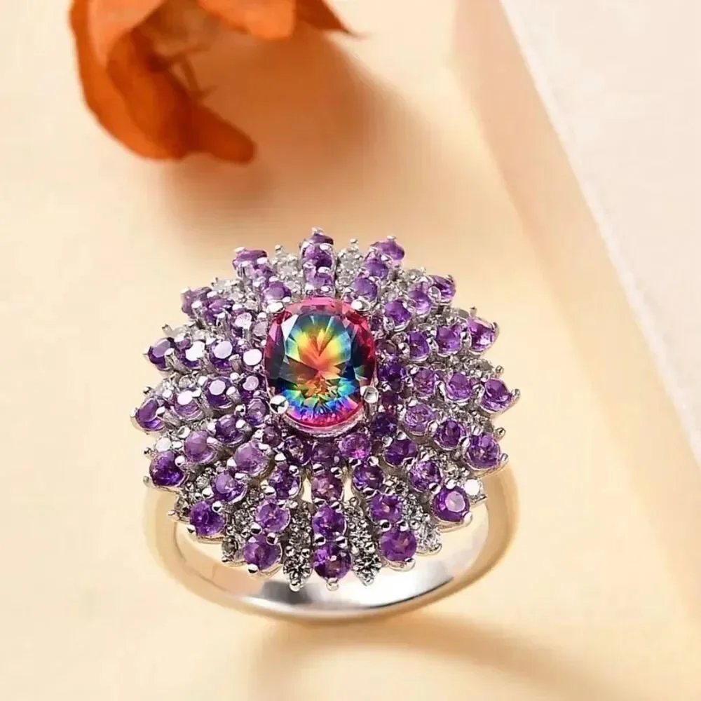 Nebula Quartz Doublet and Multi Gemstone 3.40 ctw Galactic Bloom Sterling Ring 7